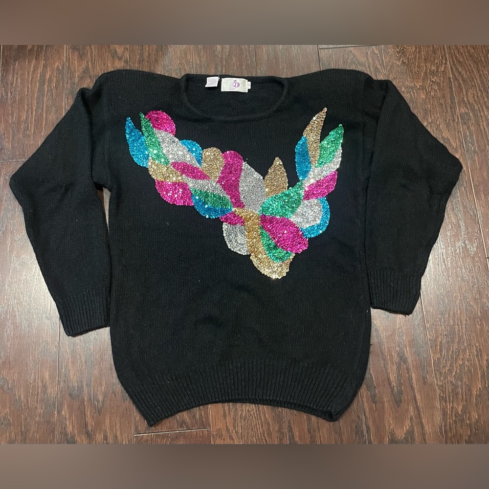 80s Sweater Black Silk Angora Pullover Sequin Size Medium vintage